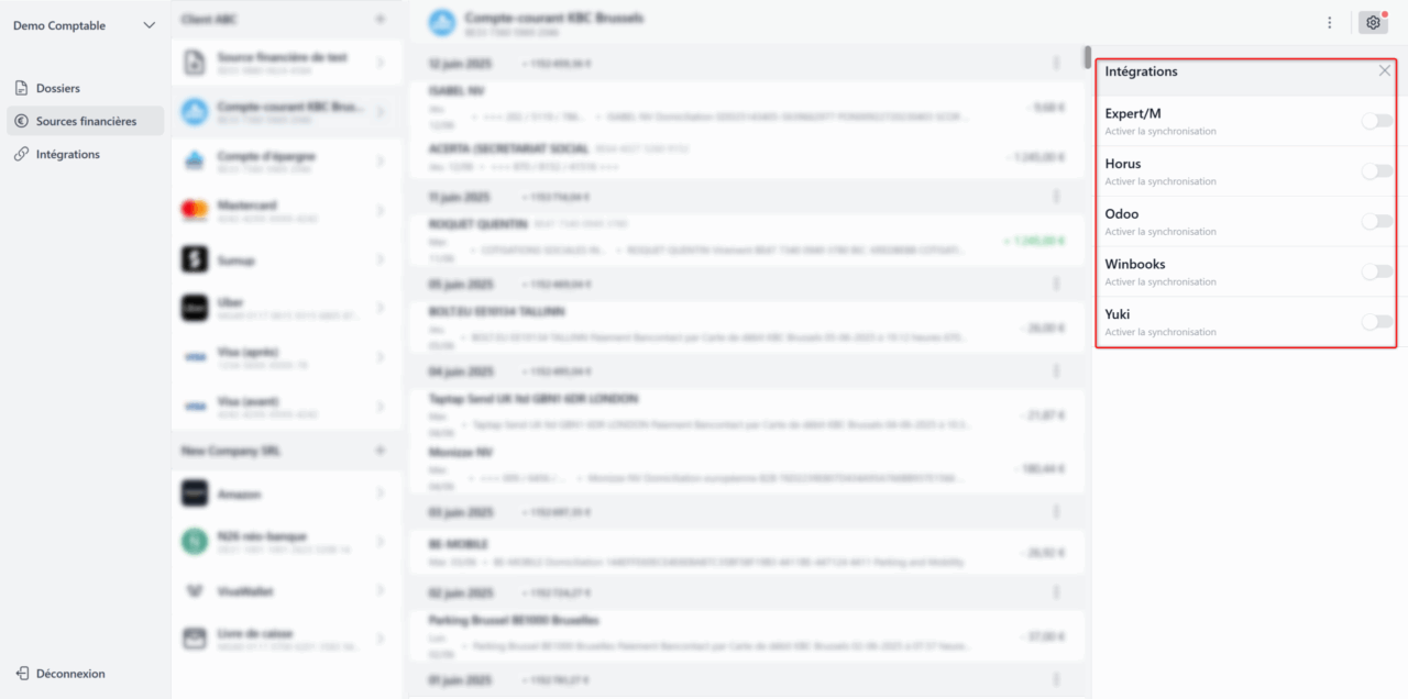 Activer une synchronisation avec un logiciel de comptabilité pour une source financière existante