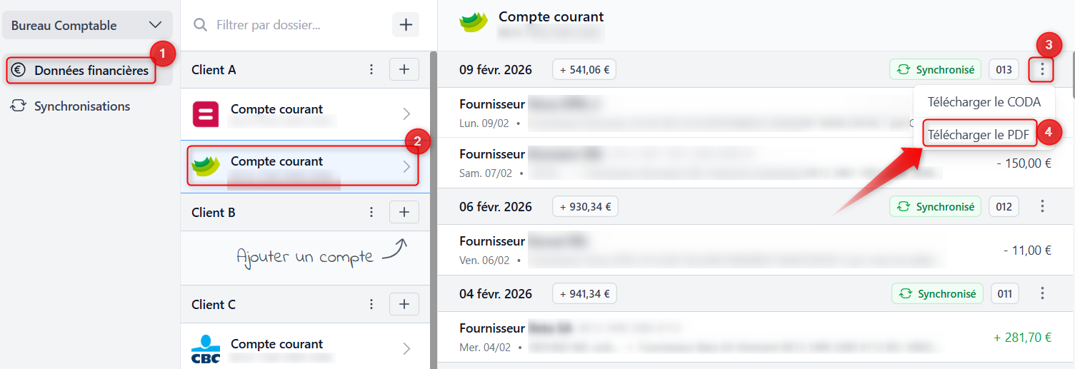 Télécharger le relevé CODA ou PDF pour un jour spécifique